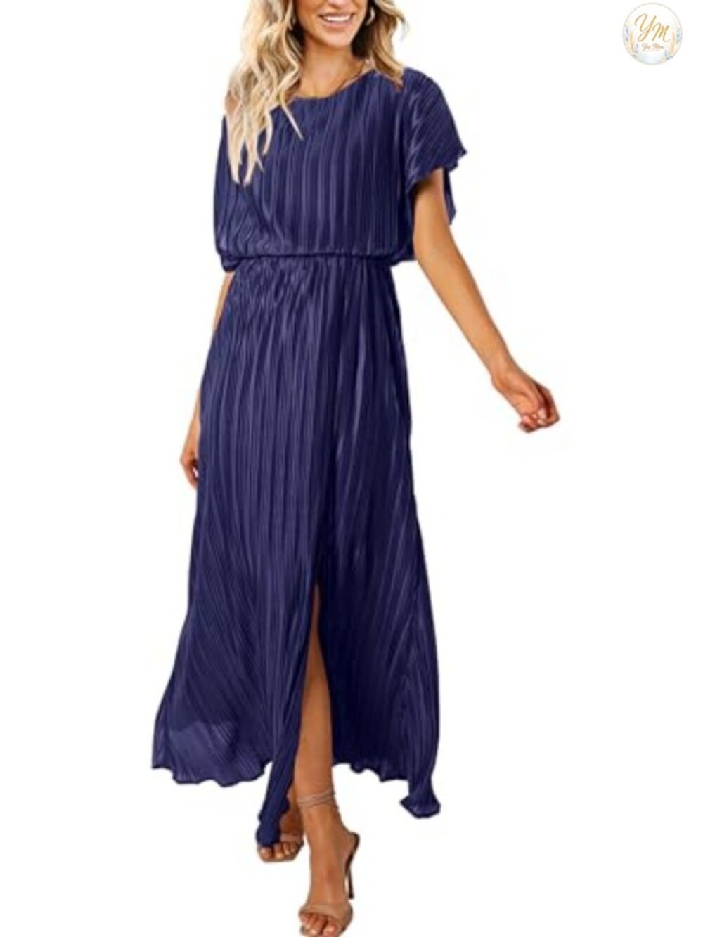 Maxi Dress Short Sleeve Pleated Empire Waist Wedding Guest Formal Gown